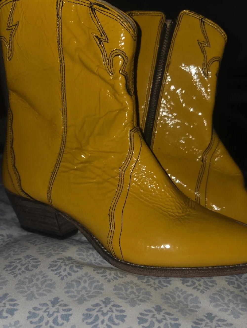 Free People Glossy Yellow Patent Western Ankle Boots